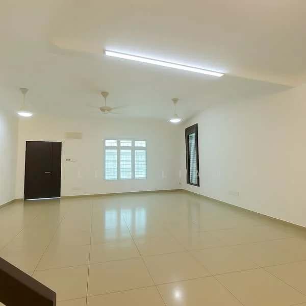 Room features: white painted walls, cream tiled flooring, 2 ceiling fans, LED strip lighting, large windows, window treatments, minimalist design, open layout; style: modern.