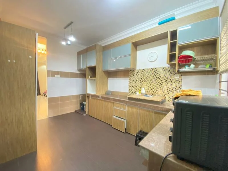 Kitchen features: brown wooden cabinetry, grey countertop, mosaic tile backsplash, single-bowl stainless-steel sink, chrome pull-down faucet, built-in oven, stainless-steel toaster, recessed downlights, dark laminate flooring, open shelving, kitchen island, wall-mounted clock; style: modern.
