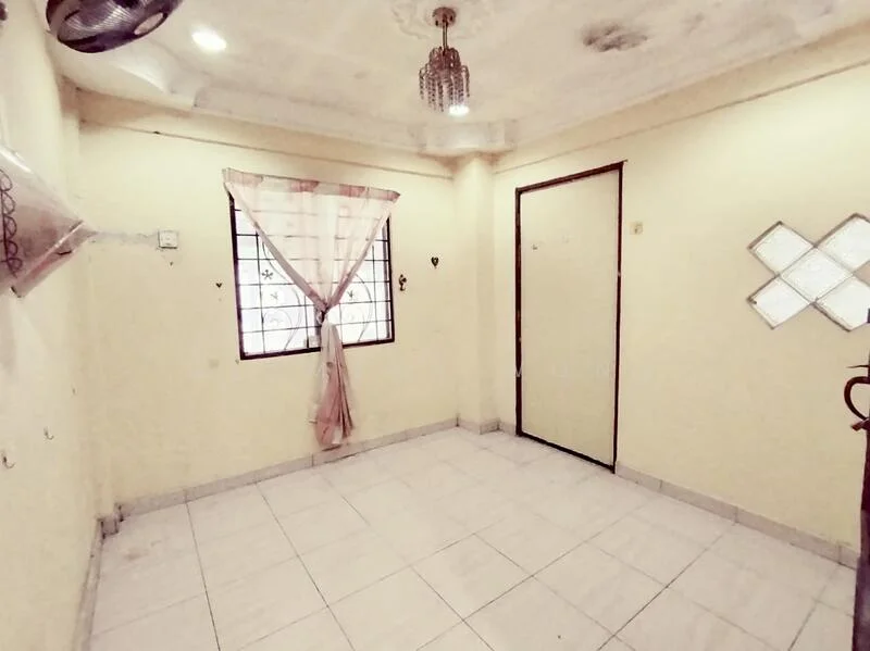 Room features: cream painted walls, white tiled flooring, ceiling with decorative molding, chandelier light fixture, window with sheer curtains, single door, glass block window, wall-mounted air conditioning unit.