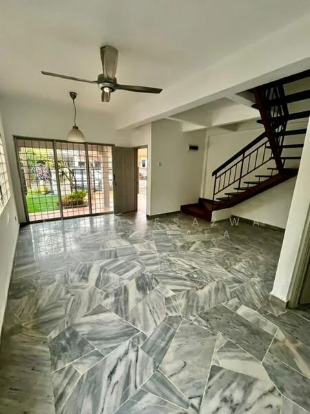 Living features: marble tile flooring, white painted walls, 5-blade ceiling fan, pendant light, large windows with grid pattern, staircase with wooden railing, open layout, natural light from windows, view of garden, door leading outside; style: modern; view: garden.