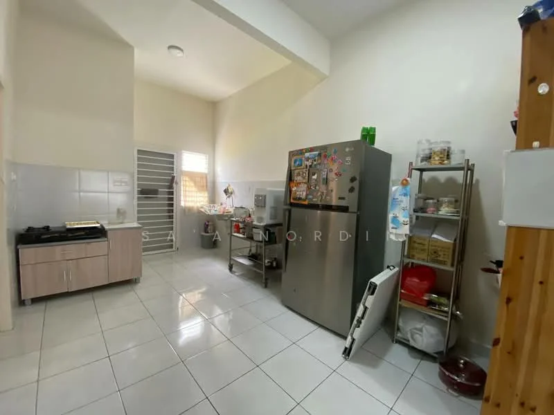 Kitchen features: white tiled walls, glossy white floor tiles, stainless-steel fridge, freestanding gas stove, wooden cabinetry, open shelving, countertop with space for appliances, window for natural light; style: modern.