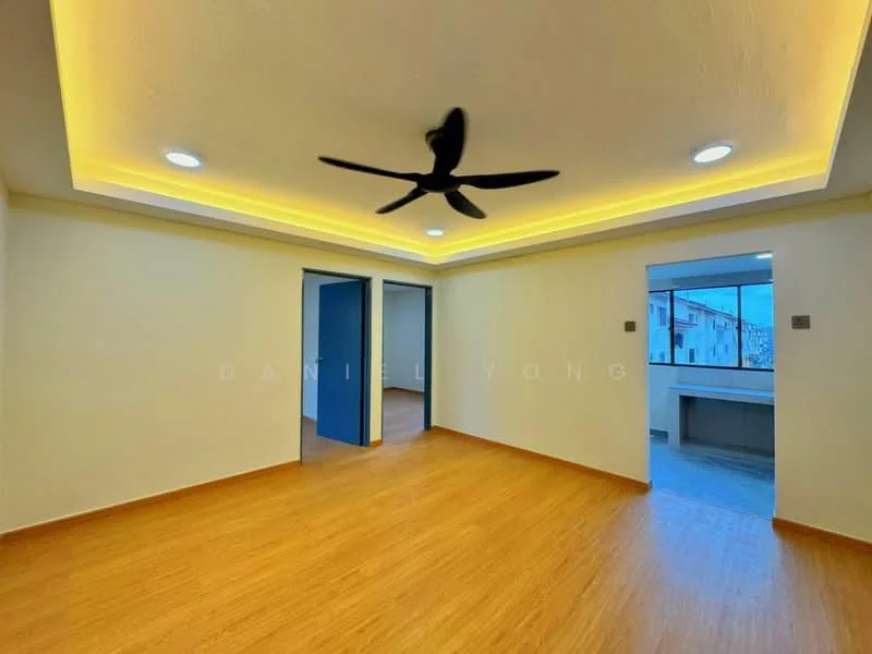 Room features: light wood laminate flooring, yellow painted walls, tray ceiling with recessed lighting, 5-blade ceiling fan, two doorways leading to other rooms, large window with natural light, no visible furniture or decor; style: modern.