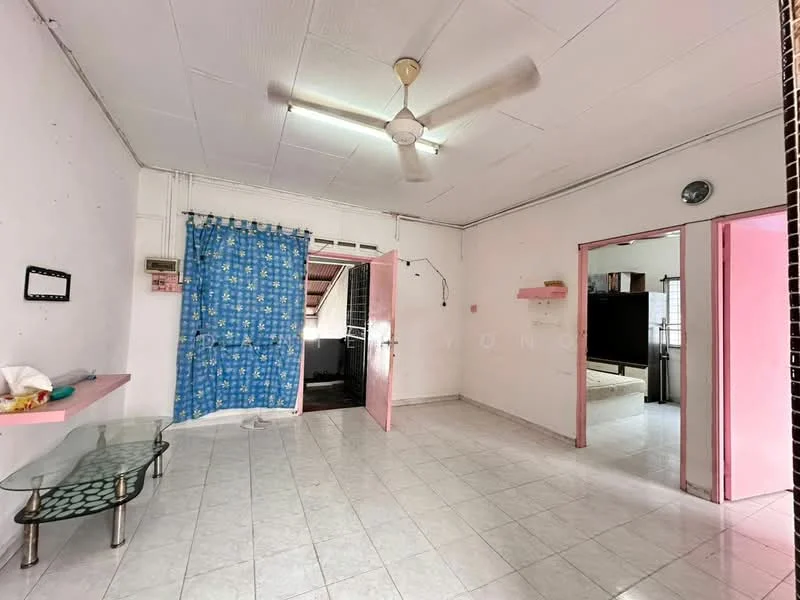 Living features: white painted walls, ceiling fan, tile flooring, glass coffee table, blue patterned curtains, pink accent wall, wall-mounted clock, open layout to kitchen, sliding door to outside.