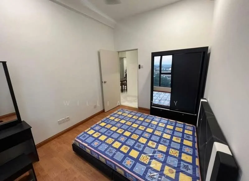 Bedroom features: wooden flooring, white painted walls, single bed with patterned bedding, black headboard, black wardrobe, mirror on wardrobe, window with view, ceiling fan.