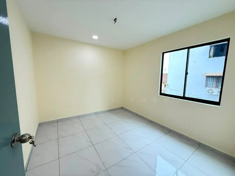 Room features: cream painted walls, grey marble tile flooring, 1 window with black frame, ceiling light fixture, no visible furniture or decor; style: modern.
