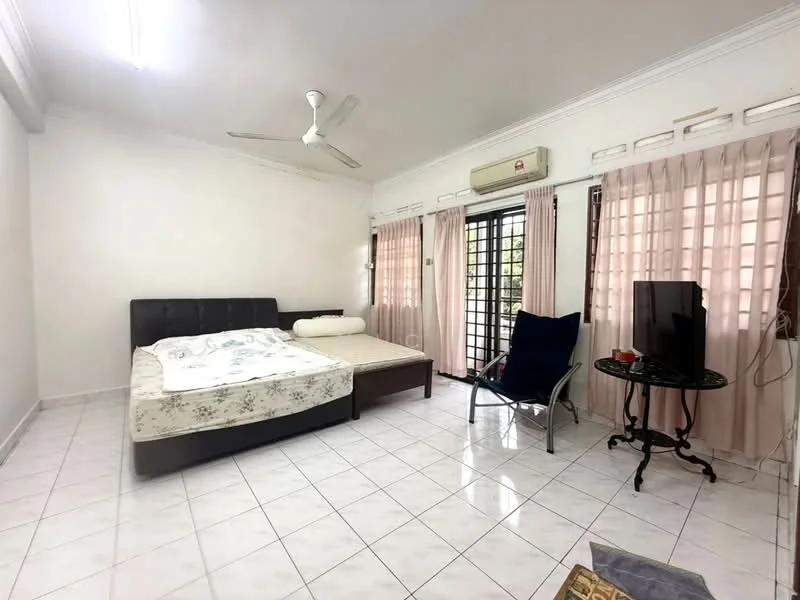 Bedroom features: queen-size bed, upholstered headboard, white walls, white tiled flooring, 5-blade ceiling fan, window with black grille, curtains in light pink, armchair, small round table, air conditioning unit; style: minimalist.
