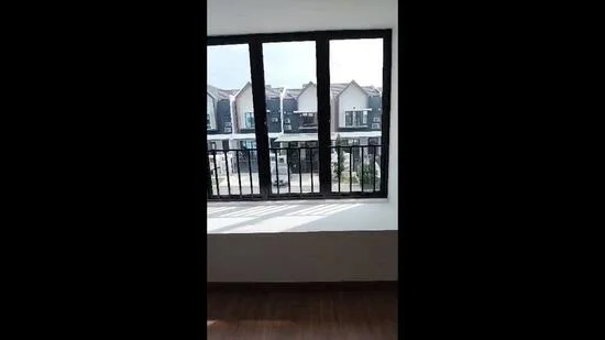 Room features: large window with black metal railing, wooden flooring, white painted walls, natural light from window; view: garden.