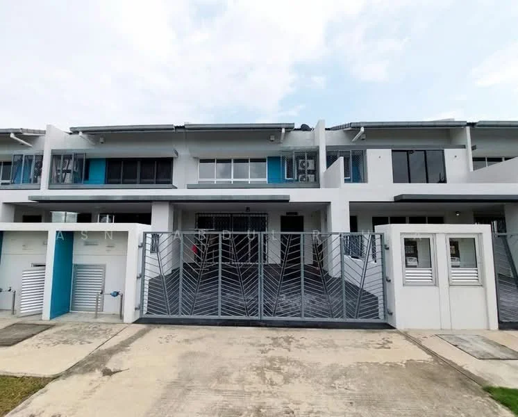 Exterior type: linked terrace house; features: white painted facade, blue accent panels, metal gate with geometric pattern, concrete driveway, two-storey structure, balconies on upper floor, windows with black frames, manicured front yard, covered porch area; style: modern.