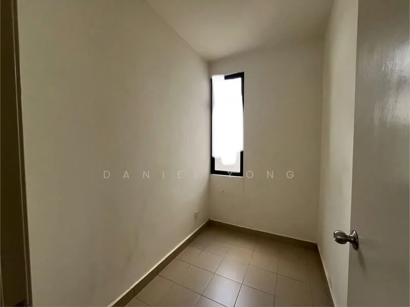 Room features: white painted walls, tile flooring, single window with sheer curtain, door with handle.