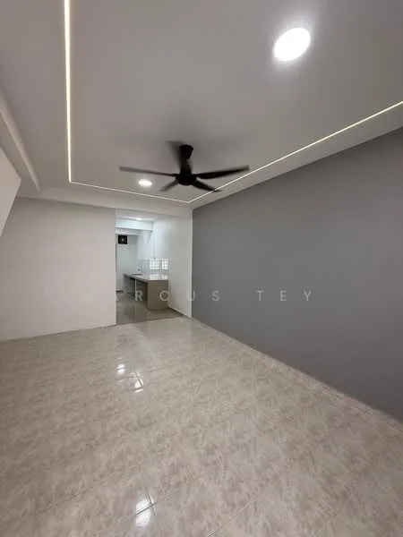 Living features: grey accent wall, white painted walls, polished tile flooring, 5-blade ceiling fan with light, recessed LED downlights, open layout, natural light from windows, no visible furniture; style: modern.