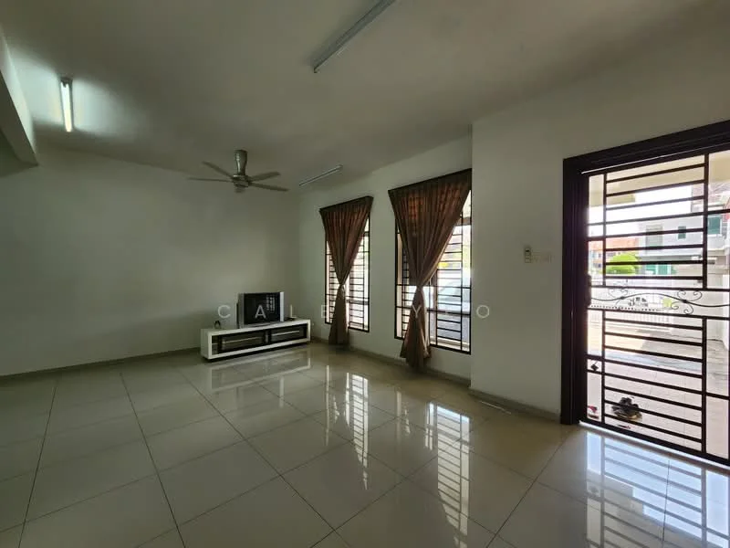 Living features: white painted walls, glossy ceramic tile flooring, 5-blade ceiling fan with light, large windows with metal grilles, sheer curtains, TV console, wall-mounted TV, decorative wall clock; style: modern.