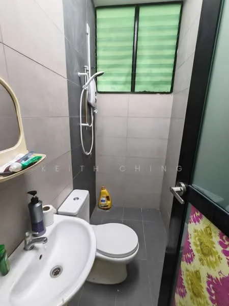 Bathroom features: grey tiled walls, light grey tiled flooring, white toilet, single-sink vanity with wall-mounted mirror, shower with wall-mounted showerhead, shower curtain, window with green slats, shelf with toiletries; style: modern.