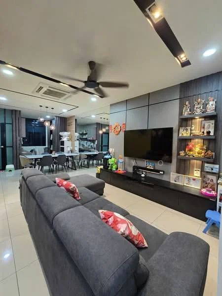 Living features: 3-seater fabric sofa in grey, decorative cushions with floral pattern, wall-mounted TV, TV console in black, recessed downlights, 5-blade ceiling fan, ceramic tile flooring, feature wall with decorative shelves, framed artwork, open-plan layout to dining area; style: modern. Dining features: 6-seater dining table, black dining chairs, pendant lighting above dining table, open kitchen layout, ceramic tile flooring; style: modern.