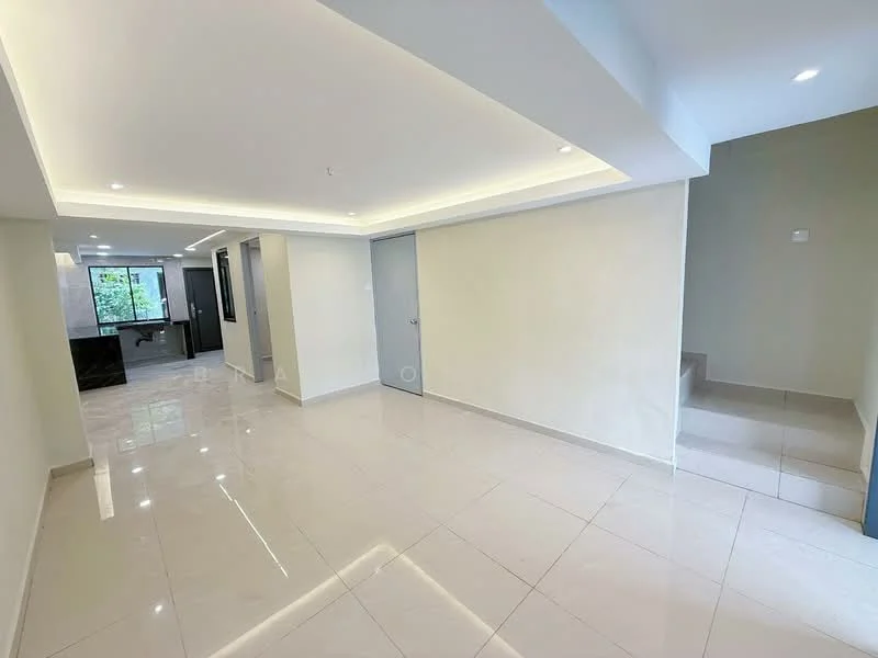 Room features: white painted walls, glossy porcelain tile flooring, recessed downlights, ceiling with cove lighting, staircase leading to upper level, large windows for natural light, open layout, neutral color scheme; style: modern.