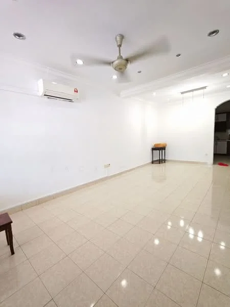 Living features: white painted walls, polished ceramic tile flooring, 5-blade ceiling fan, recessed downlights, wall-mounted split AC, single wooden table, empty space, no visible decor.