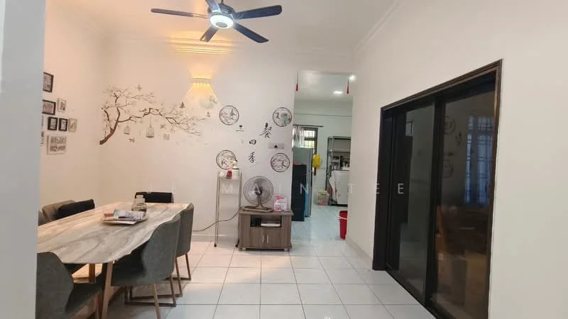 Dining features: dining table with marble top, 6 upholstered dining chairs, ceiling fan with integrated light, white painted walls, decorative wall art, tile flooring, sliding glass door, wall-mounted fan; style: modern. Room features: white painted walls, tile flooring, open layout to kitchen area.