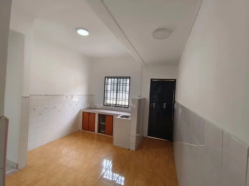 Kitchen features: white tiled walls, cream tiled flooring, single-bowl stainless-steel sink, wooden cabinetry with orange doors, window with black metal grille, door leading outside, ceiling light, open layout.