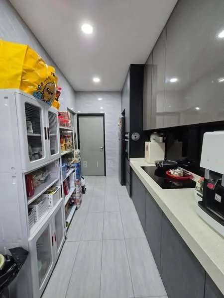 Kitchen features: grey cabinetry, white countertop, built-in microwave, stainless-steel kettle, stainless-steel toaster, white ceramic sink, single-bowl stainless-steel sink, refrigerator with transparent doors, pantry shelving, tile flooring, recessed LED downlights, wall-mounted clock, door leading to hallway; style: modern.