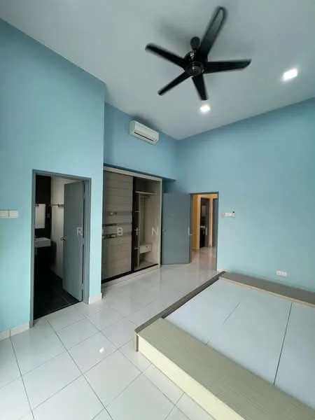 Bedroom features: light blue painted walls, white tiled flooring, 5-blade ceiling fan, wall-mounted air conditioning unit, built-in wardrobe with sliding doors, door leading to bathroom, door leading to hallway, unfurnished bed frame; style: modern.