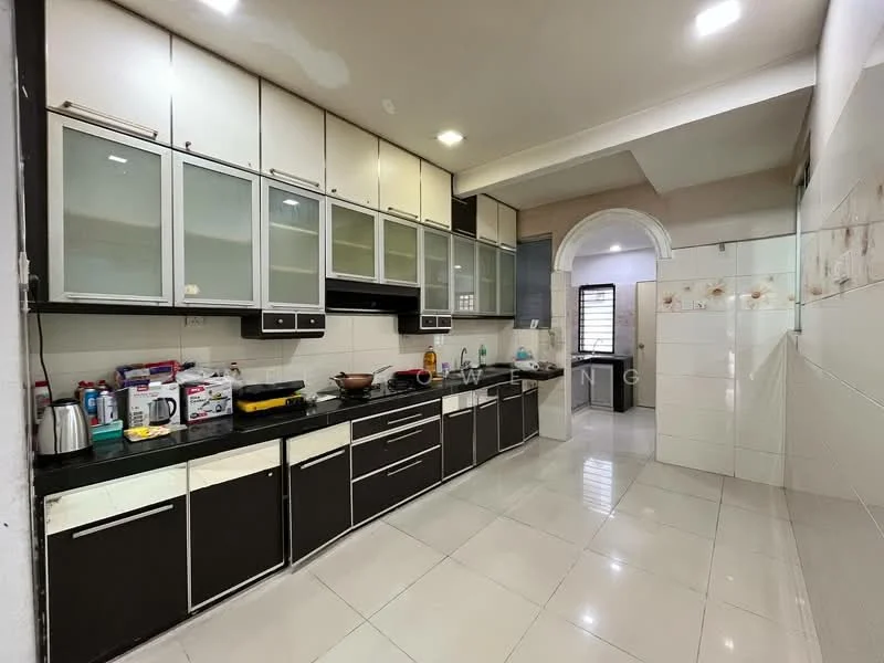 Kitchen features: black granite countertop, white and black cabinetry, glass-front upper cabinets, built-in oven, stainless-steel kettle, stainless-steel fridge, microwave, 4-burner gas hob, double-bowl stainless-steel sink, chrome pull-down faucet, ceramic tile flooring, white tiled walls, recessed downlights; style: modern.