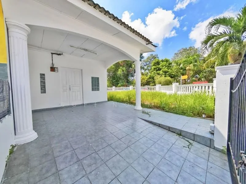 Exterior type: detached bungalow; features: covered porch, grey tiled flooring, white painted walls, columns at entrance, manicured lawn, fenced perimeter, landscaped garden, gated entry, paved walkway, tropical landscaping; style: traditional.