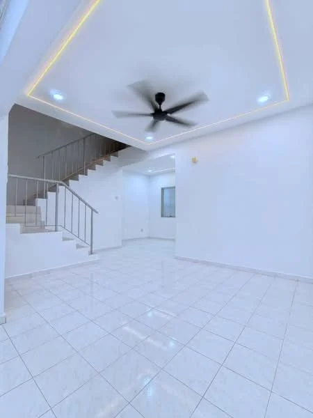 Living features: white painted walls, glossy white tile flooring, 5-blade ceiling fan with light, recessed LED downlights, staircase with metal railing, large window, open layout, crown moulding; style: modern.