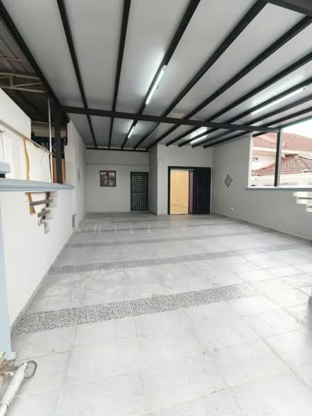 Room features: grey tiled flooring, white painted walls, exposed metal beams on ceiling, large windows, double doors, decorative wall panels, open space layout, no visible furniture; style: modern.