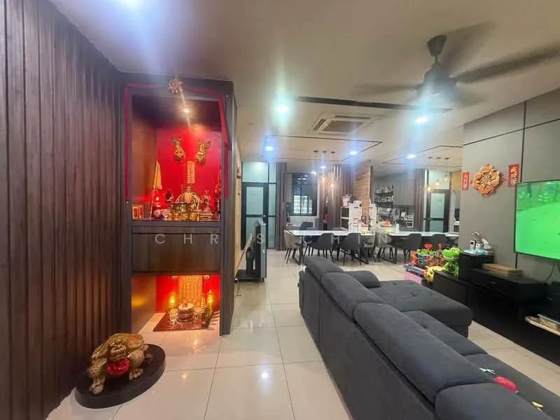 Living features: grey fabric sofa, wall-mounted TV, black TV console, recessed downlights, ceiling fan, white tiled flooring, decorative wall with wooden panels, decorative altar with statues, dining area with 6-seater dining table, open layout, large windows, decorative wall art; style: modern.