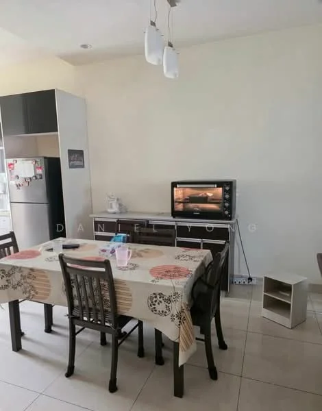 Kitchen features: white painted walls, tile flooring, ceiling with pendant lights, dining table with patterned tablecloth, 4 wooden dining chairs, microwave oven, kitchen cabinet, refrigerator, countertop, open shelving, decorative items on countertop; style: modern.