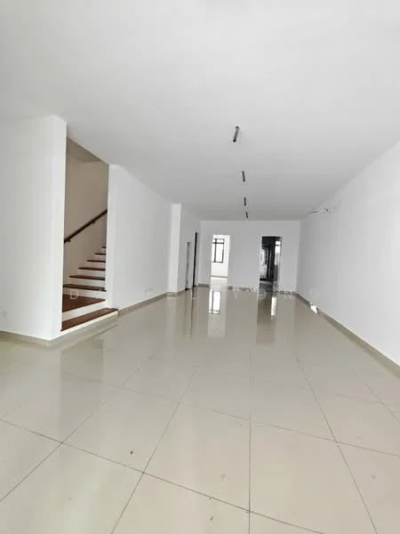 Room features: white painted walls, polished ceramic tile flooring, recessed downlights, staircase with wooden steps, large windows for natural light, open layout, neutral color scheme, high ceiling; style: modern.