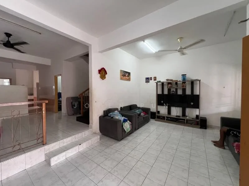 Living features: white painted walls, ceramic tile flooring, 5-blade ceiling fan, sofa in dark grey, TV console, wall-mounted TV, decorative wall art, open layout to adjacent room; style: modern. Room features: white painted walls, ceramic tile flooring, 5-blade ceiling fan.