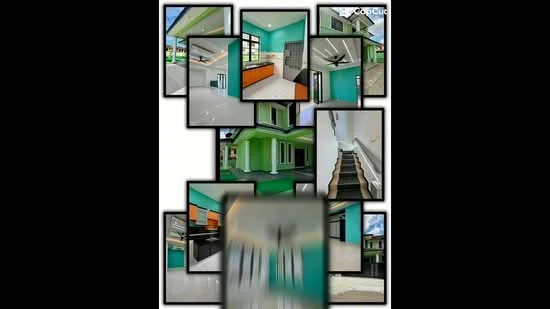 Room features: green painted walls, white ceiling, ceiling fan, staircase with wooden steps, large windows, open layout, concrete flooring, kitchen cabinetry, countertop, outdoor access, natural light, multiple entry points; style: modern; view: garden.
