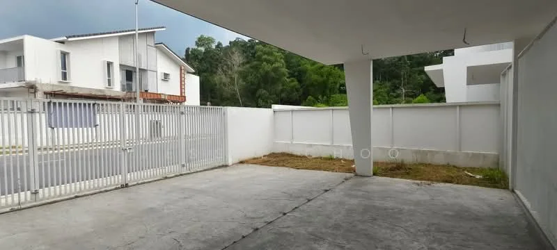 Exterior features: concrete flooring, fenced perimeter, manicured lawn area, surrounded by greenery, single-storey structure, open space, partial wall enclosure; style: modern.