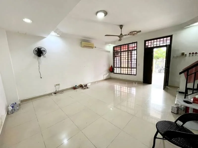 Room features: white painted walls, glossy ceramic tile flooring, ceiling fan, wall-mounted split AC, large windows with grid pattern, door leading outside, minimalist decor, no visible furniture; style: modern; view: garden.