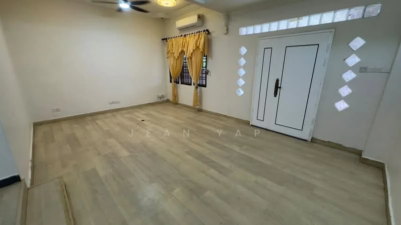 Living features: light wood laminate flooring, white painted walls, ceiling fan, large windows with black grills, yellow curtains, double front door with white finish, decorative diamond-shaped window panes, air conditioning unit; style: modern.