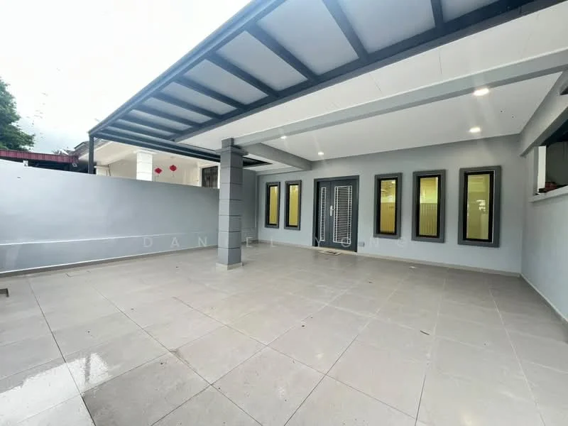 Exterior features: covered porch, grey painted walls, sliding glass doors, multiple narrow windows, flat roof, ceramic tile flooring, concrete columns, outdoor space, manicured landscaping, light fixtures; style: modern.