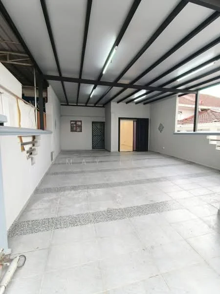 Room features: grey tiled flooring, white painted walls, black exposed beams on ceiling, recessed lighting, large windows, double doors, decorative wall panels, open layout; style: modern.