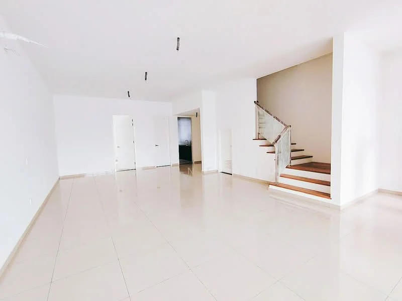 Living features: white painted walls, glossy ceramic tile flooring, recessed downlights, staircase with wooden steps and glass railing, open layout, large windows for natural light, neutral color scheme, no visible furniture; style: modern.