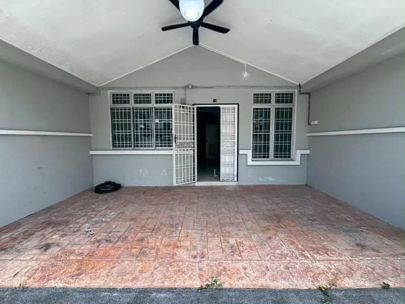 Room features: grey painted walls, exposed ceiling, ceiling fan, tile flooring, double-door entry, multiple windows, security grille on doors, outdoor patio area; style: modern.