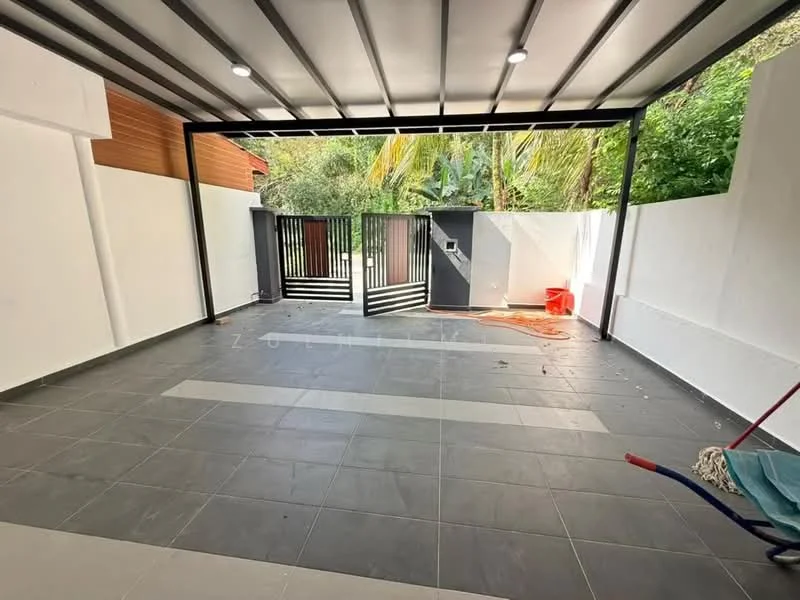 Exterior features: covered patio, grey tiled flooring, metal roof, black metal gate, white walls, landscaped greenery visible, outdoor space, open layout; style: modern.