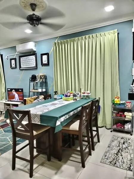 Dining features: dining table with teal tablecloth, 4 wooden dining chairs, green curtains, wall-mounted TV, air conditioning unit, light-colored tiled flooring, decorative wall art, open shelving unit, various food items on shelving; style: modern.