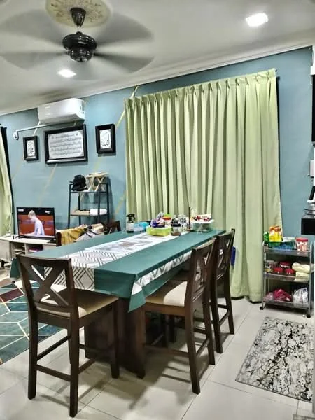 Dining features: dining table with teal tablecloth, 4 wooden dining chairs, green curtains, wall-mounted TV, air conditioning unit, light-colored tiled flooring, decorative wall art, shelving unit with various items, ceiling fan with light, wall-mounted decor, neutral painted walls; style: modern.