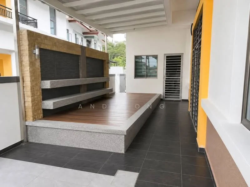 Exterior features: wooden deck, stone feature wall, grey stone bench, black tiled flooring, white painted walls, large window, metal security grille, overhanging roof, yellow accent wall; style: modern.