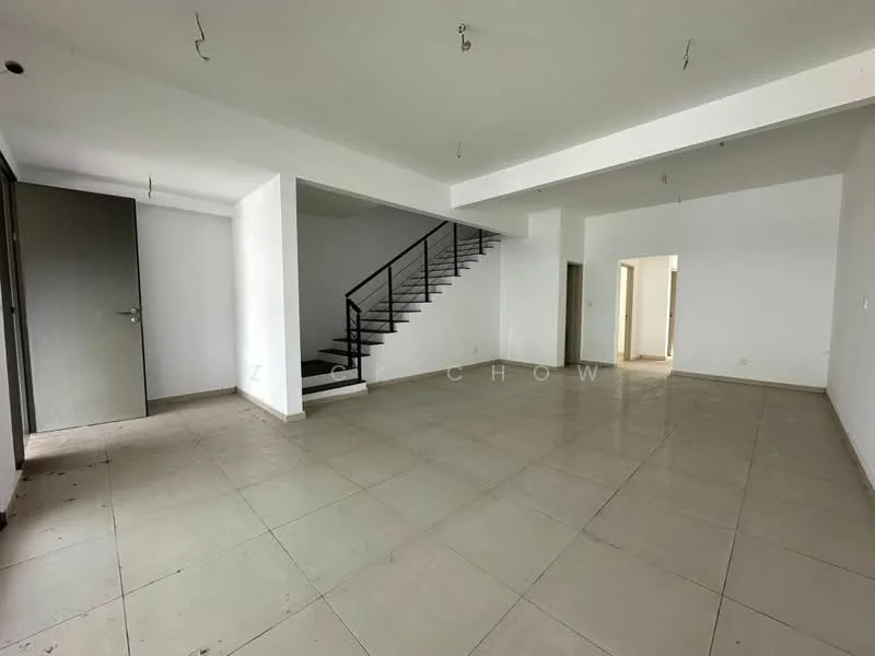 Room features: white painted walls, tile flooring, staircase with metal railing, open layout, large windows, ceiling lights, doorway to adjacent room, neutral color scheme; style: modern.