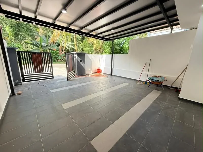 Exterior type: car porch; features: covered car porch, grey tiled flooring, white walls, sliding gate, landscaped greenery visible, outdoor lighting, open space, paved driveway; style: modern.