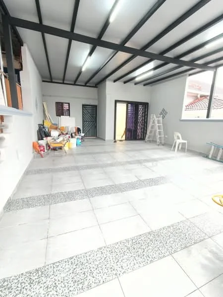 Room features: grey tiled flooring, white painted walls, exposed metal beams on ceiling, large windows with black frames, sliding glass door, decorative wall tiles, open space layout, various cleaning supplies and tools visible; style: modern.