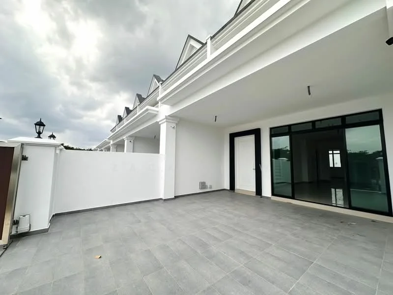 Exterior type: linked terrace house; features: white painted facade, flat roof, grey tiled flooring, covered porch area, large glass sliding door, lantern-style outdoor lighting, manicured landscaping, surrounded by greenery; style: modern.