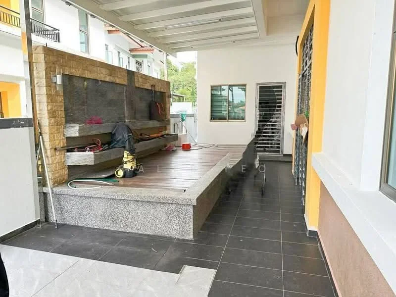 Exterior type: linked terrace house; features: stone feature wall, wooden deck area, grey tiled flooring, covered patio, large windows, yellow painted walls, metal security grille, outdoor seating area; style: modern.