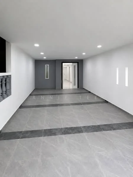 Room features: grey tile flooring, white painted walls, recessed LED downlights, narrow vertical windows, double-door entrance, decorative wall paneling, open layout, neutral color scheme; style: modern.