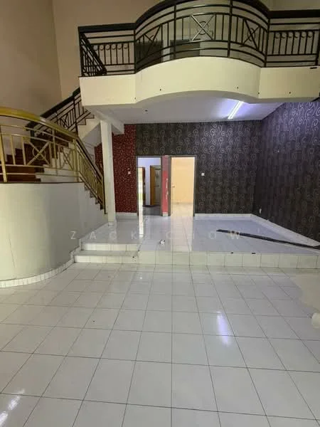 Living features: white tiled flooring, high ceiling, staircase with wooden railing, feature wall with patterned wallpaper, open layout, large windows, recessed lighting, step-down area, neutral wall color; style: modern.